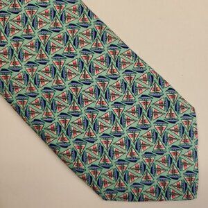 Vineyard Vines Silk Tie Blue Green Aqua Cyan Sailboat Print 3 3/8" x 61" USA